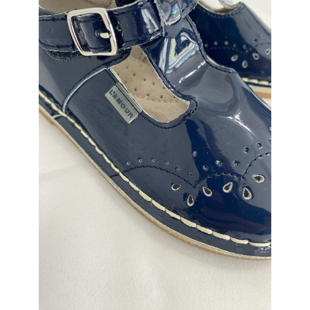 L'Amour Mary Jane Shoes Girls 11 Navy Blue Excellent T-Strap Brogue F-410